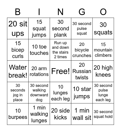 Ms Tran's Fitness Bingo Card