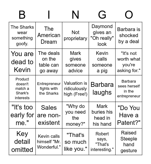 Shark Tank Bingo Card