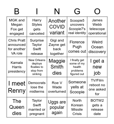 2022 Prediction Bingo Card