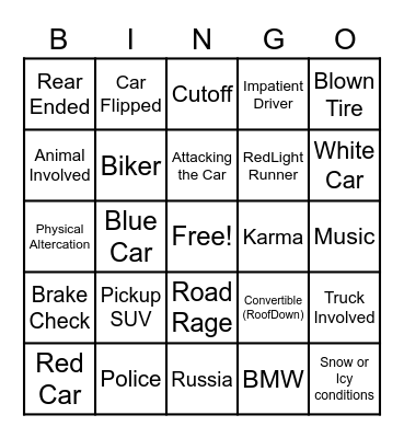 Car Crash Bingo Card