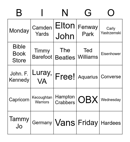 Mary Baker Bingo Card