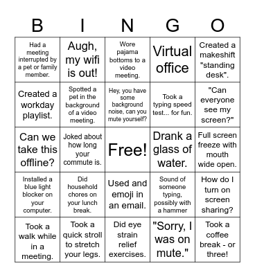 Work From Home Bingo Card