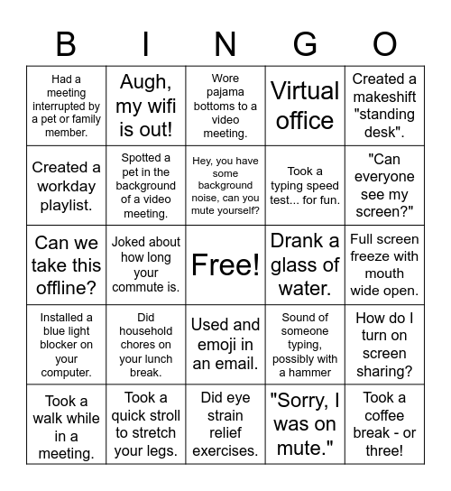 Work From Home Bingo Card