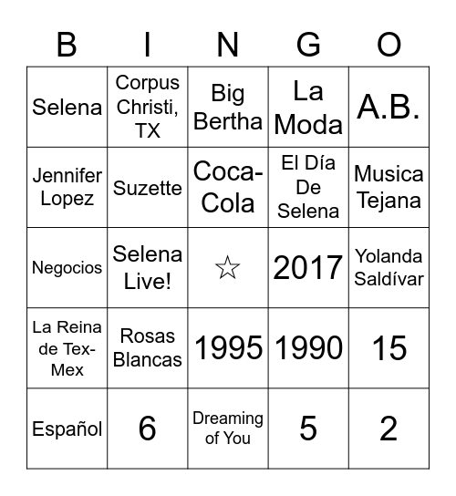 Selena Quintanilla-Perez Bingo Card