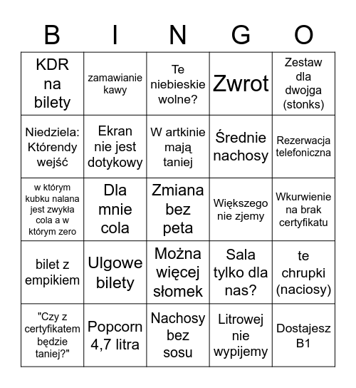 Bingo barowe Bingo Card