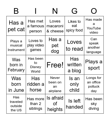 Get to Know You Bingo Card