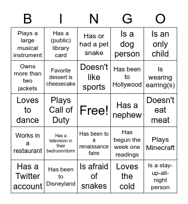Icebreaker Bingo Card
