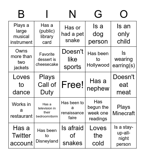 Icebreaker Bingo Card