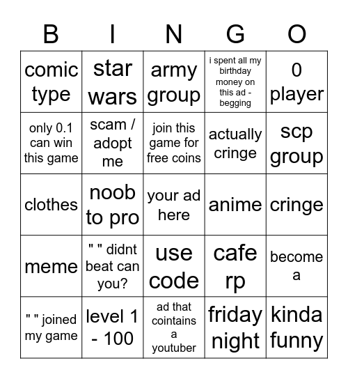 Popular Ad Type Bingo Card