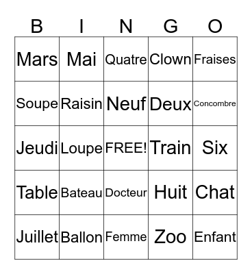 Franse woordjes Bingo Card