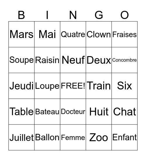 Franse woordjes Bingo Card