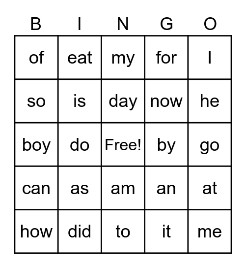 Sight Word Bingo Card