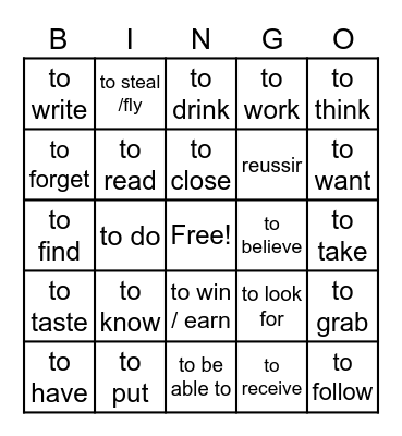 Irregular Verbs - meaning Bingo Card