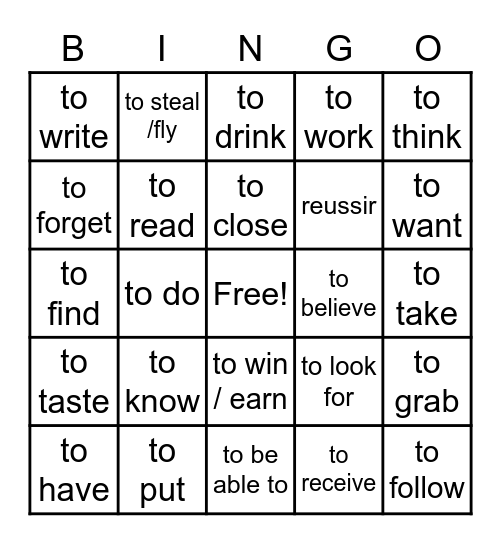 Irregular Verbs - meaning Bingo Card