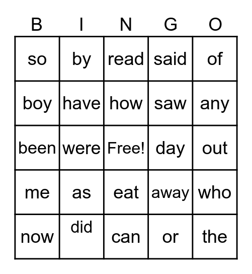 Sight Word Bingo Card