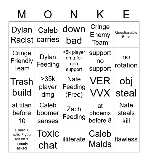 Monke Boys Bingo Card