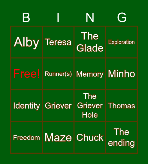 Bingo! - The Maze Runner Bingo Card