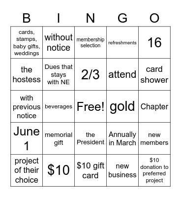 P.E.O. Bingo Card