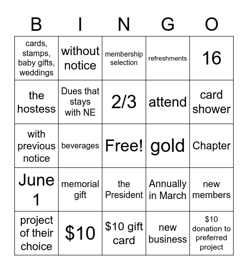 P.E.O. Bingo Card