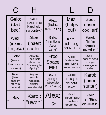 Discord Children Bingo Sheet Bingo Card