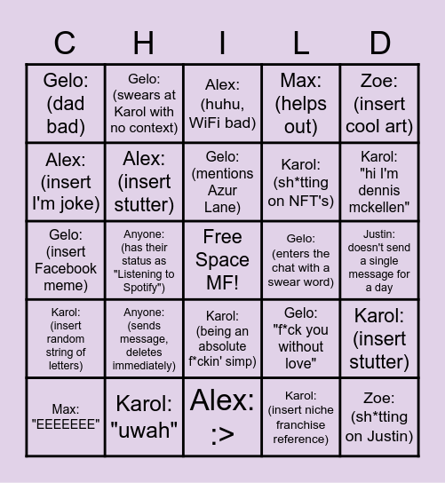 Discord Children Bingo Sheet Bingo Card