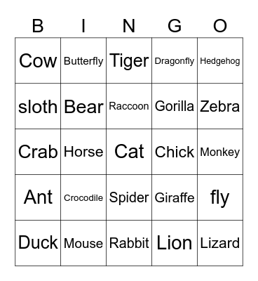 Land Animals Bingo Card