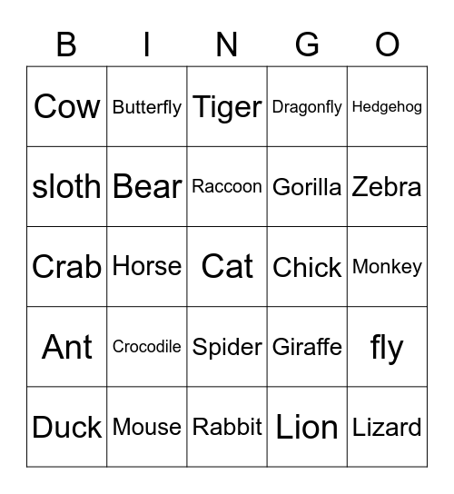 Land Animals Bingo Card