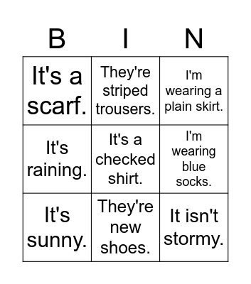 Clothes and weather revision Bingo Card