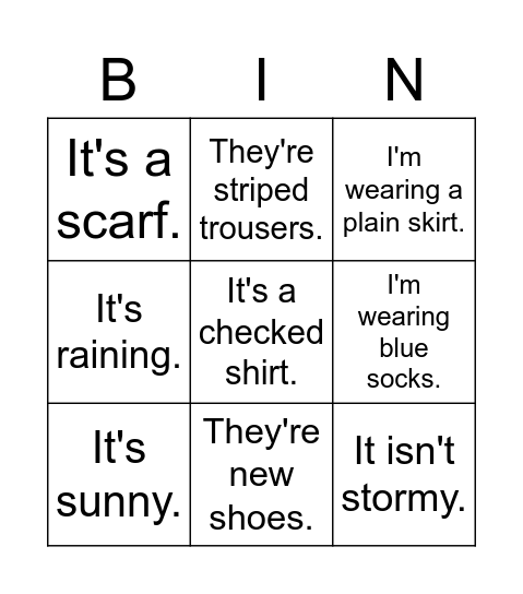 Clothes and weather revision Bingo Card