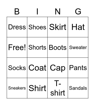 Clothes Bingo Card