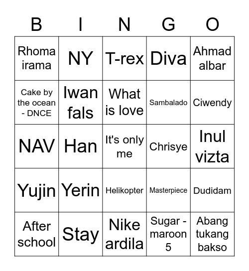 Bingo yerin Bingo Card