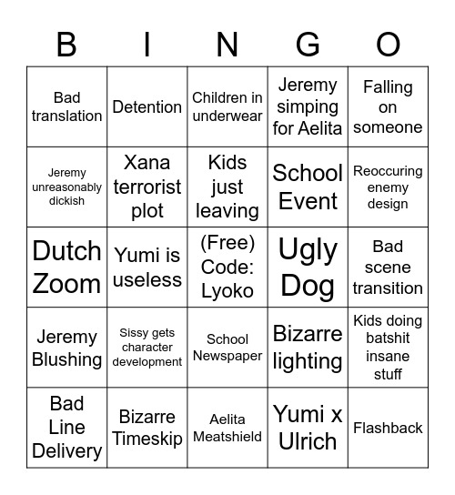 Code Lyoko Bingo Card