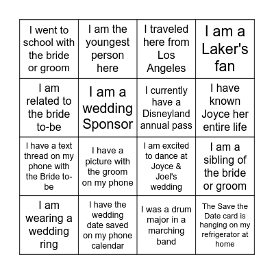 Joyce's Bridal Shower Bingo Card