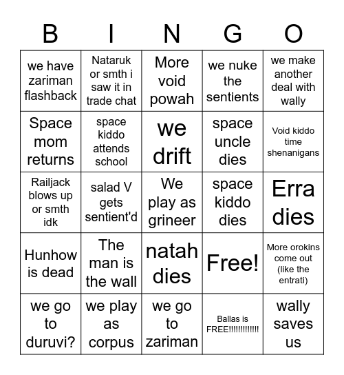 The New War Bingo Card