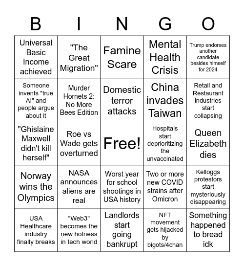 2022 Bingo Card