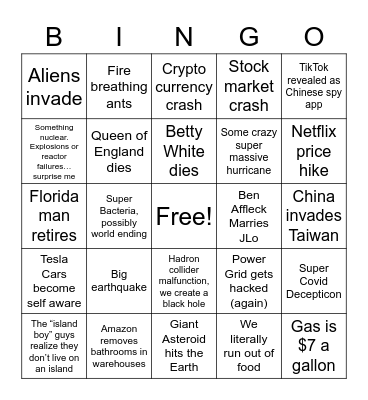 2022 Disaster Bingo Card