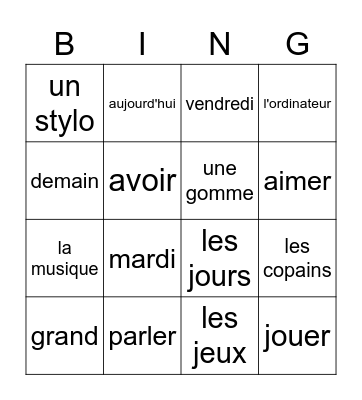 Vocabulaire Bingo Card