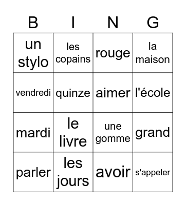 Vocabulaire Bingo Card