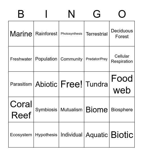 Life Science Bingo Card