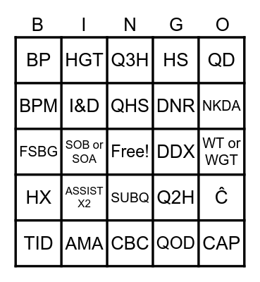 Medical Abbreviations Bingo Card