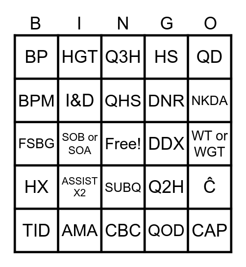 Medical Abbreviations Bingo Card