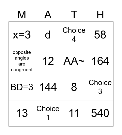 Similar Triangles MATHO Bingo Card
