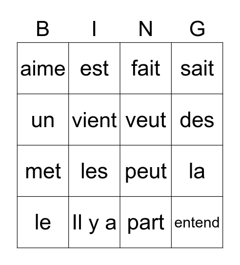 mots courants Bingo Card