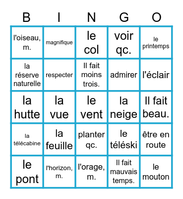 Unité 7: nature, saisons, temps Bingo Card