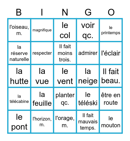 Unité 7: nature, saisons, temps Bingo Card