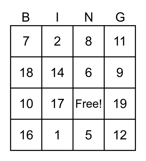 Number Bingo Card