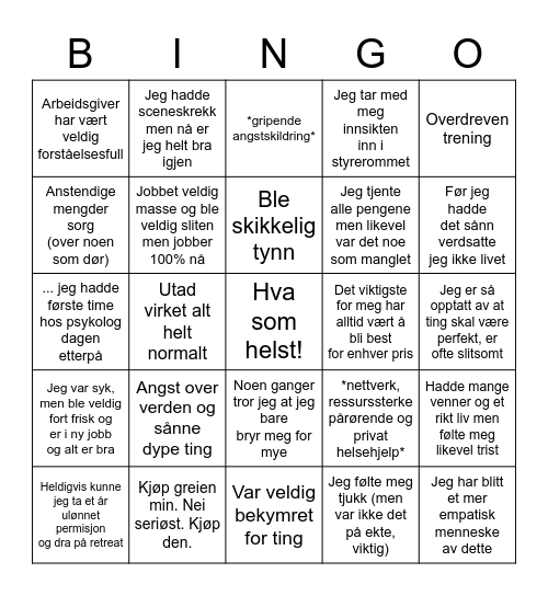 Står frem om den tunge tiden Bingo Card