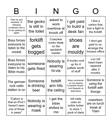 Nido goes to work bingo Card