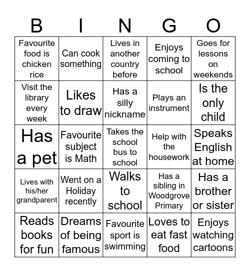 Get To Know My Classmates Bingo Card