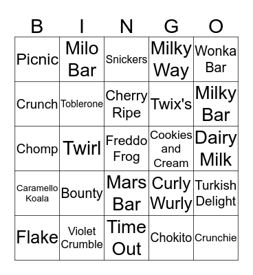 Chocolates Bingo Card